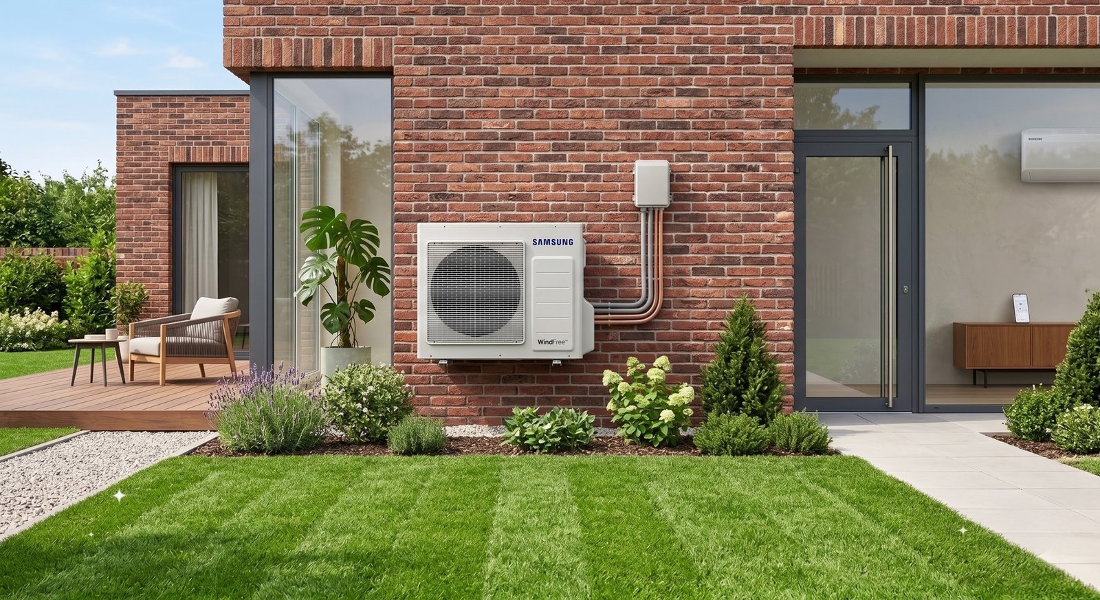 Outdoor AC condensing unit installed on a house
